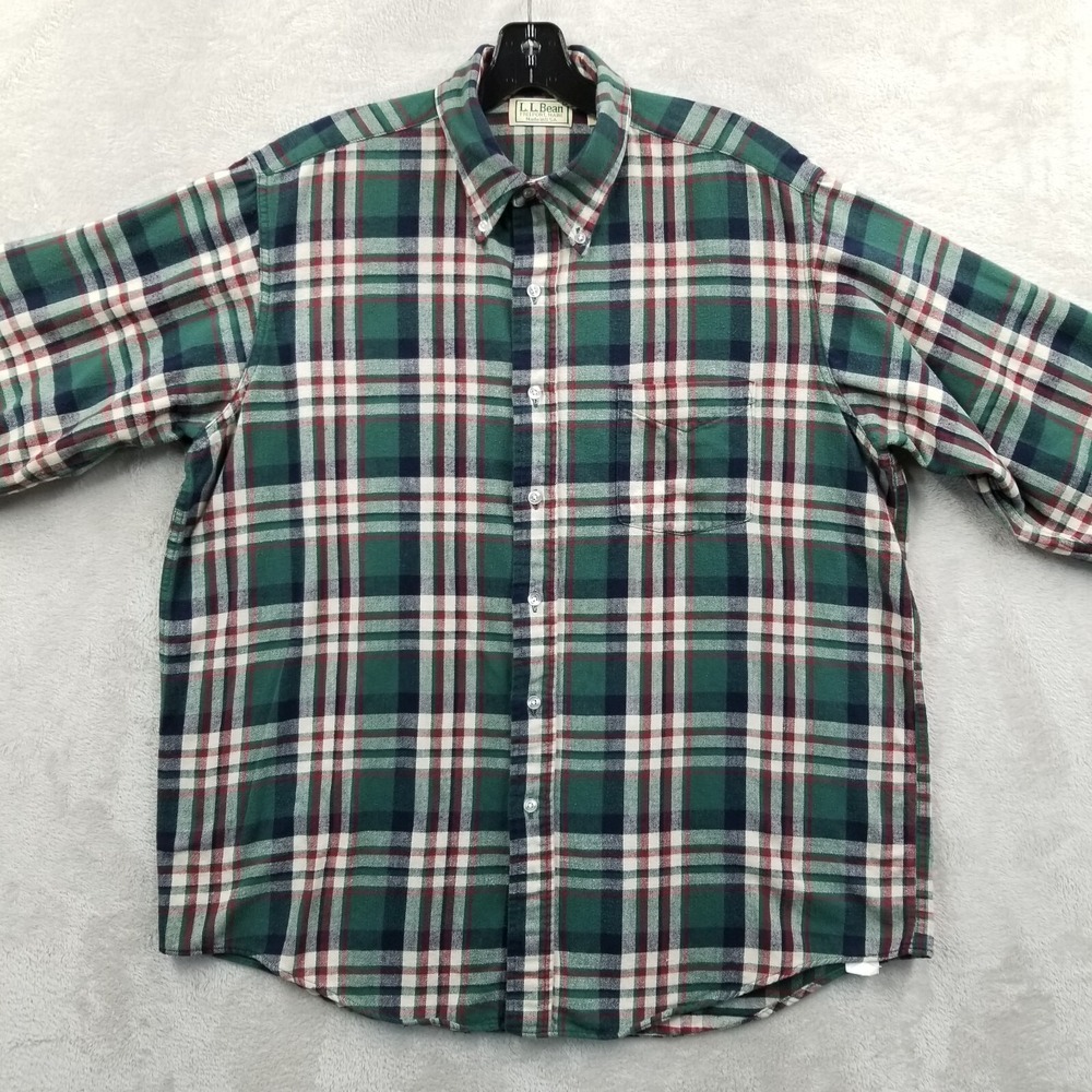 Vtg LL Bean Shirt Men L Green Plaid Flannel Button Down Cotton Outdoor Cabin USA